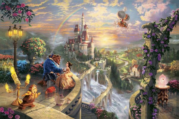 Beauty and the beast in a fairy tale castle