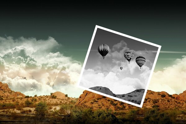 Globos retro en una foto en blanco y negro sobre el fondo de las montañas