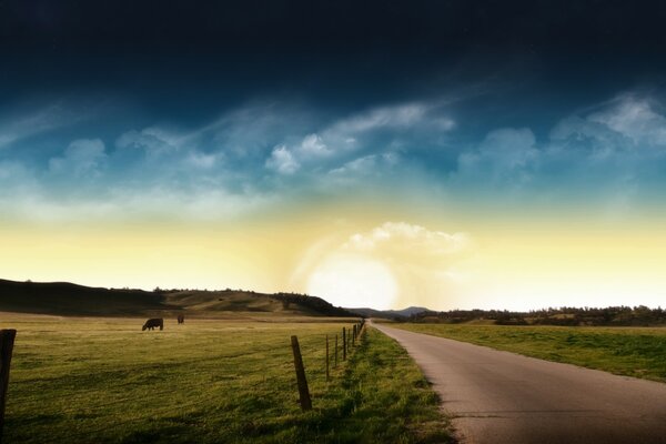 The road going into the sunset, around the meadow