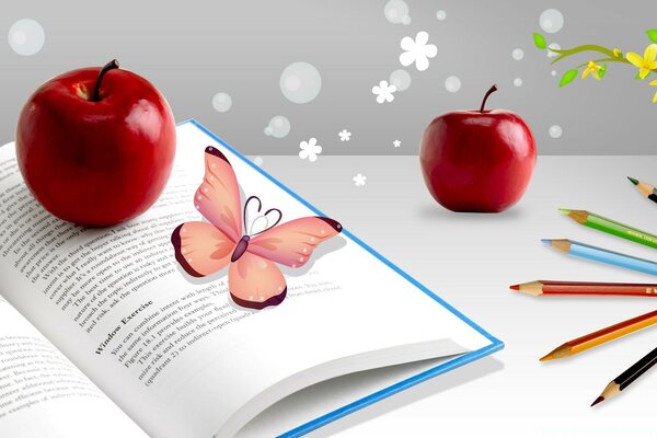 लाल सेब और किताब पर एक तितली