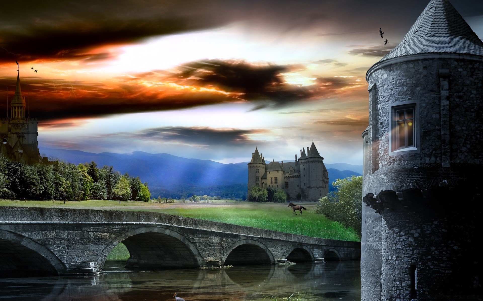 kreativ architektur schloss reisen wasser im freien brücke himmel gotik turm fluss sonnenuntergang haus stadt alt