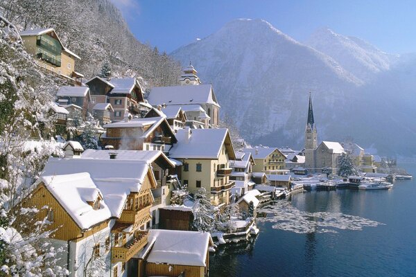 Winter city on the background of mountains and the sea