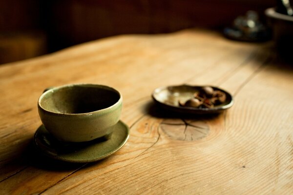 Old dishes on a wooden table