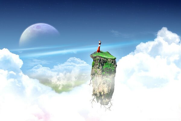 Flying island in the sky on the background of the planet