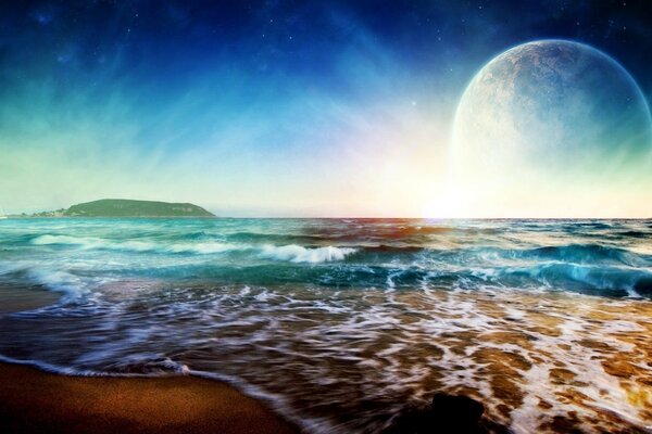 Tide on the sea with a bright sky background with an unknown planet