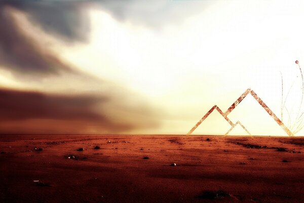 Pyramids in the desert against the background of a shining sky