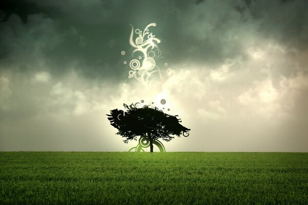 A lonely tree in a green field with creative lines