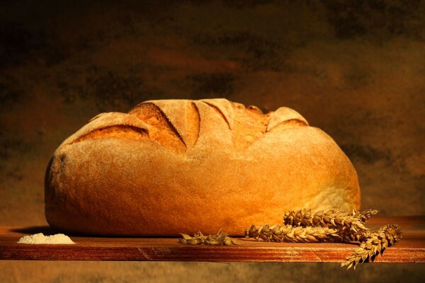 Still life with a loaf and spikelets of bread