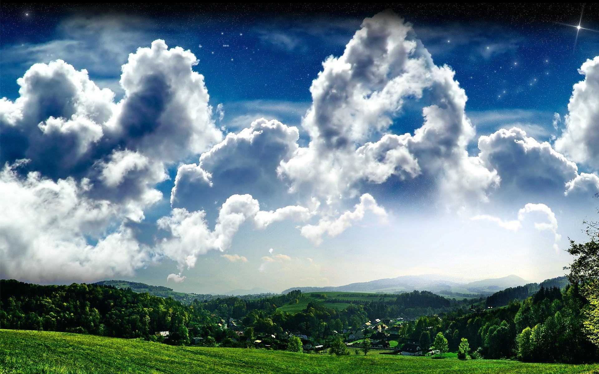 kreativ landschaft natur himmel wolke sommer des ländlichen gras baum im freien gutes wetter sonne hügel heuhaufen bewölkt feld