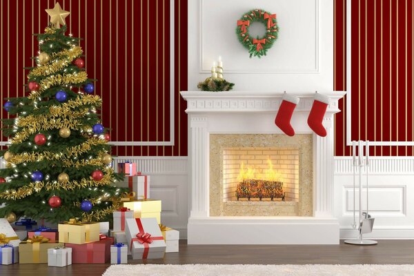 Hermoso diseño de chimenea y árbol de Navidad