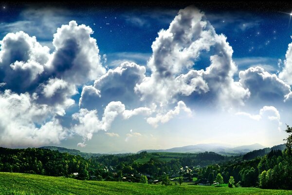 Green alpine meadows under clouds