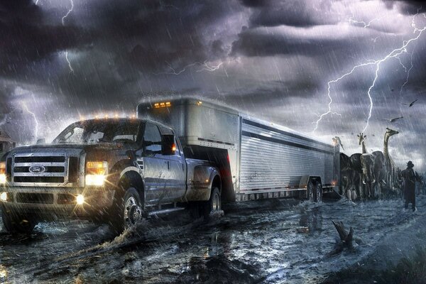 Voiture avec remorque pendant la tempête