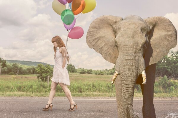 Ragazza con le palle ed elefante