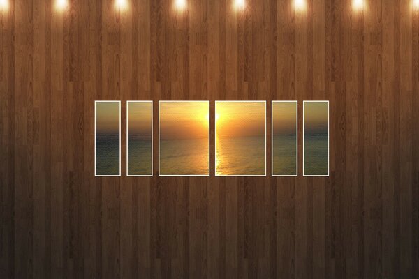 Coucher de soleil plage peinture mur en bois