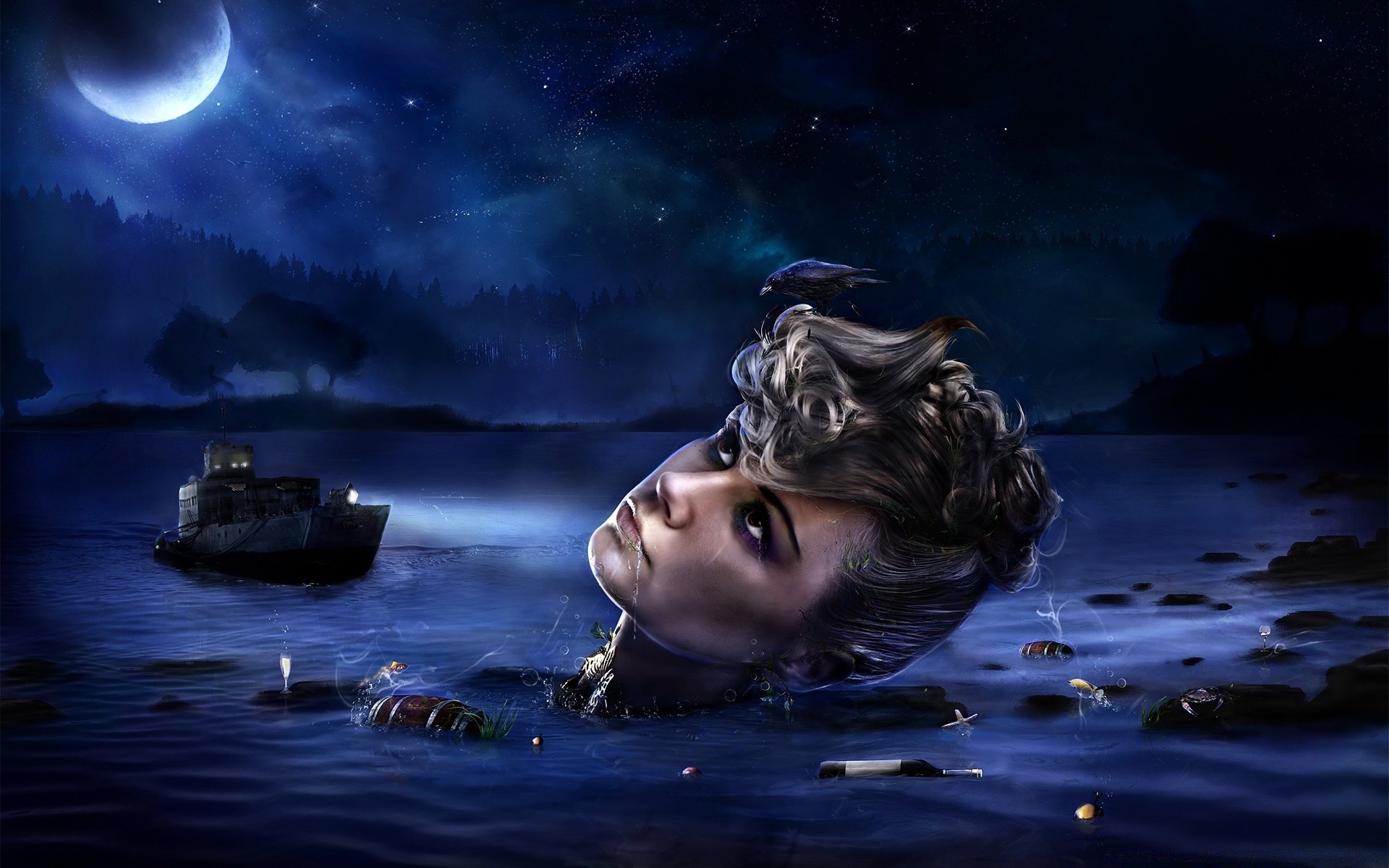 креатив луна воды девушка море океан портрет подводный вечером женщина фантазия темный отражение модель искусство свет