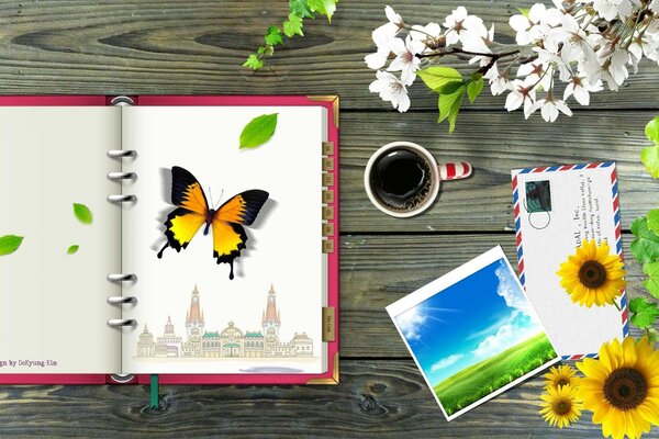 A bright notebook with a butterfly and coffee