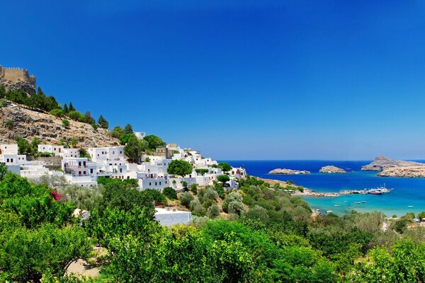 Greece landscape fortress coast houses trees nature