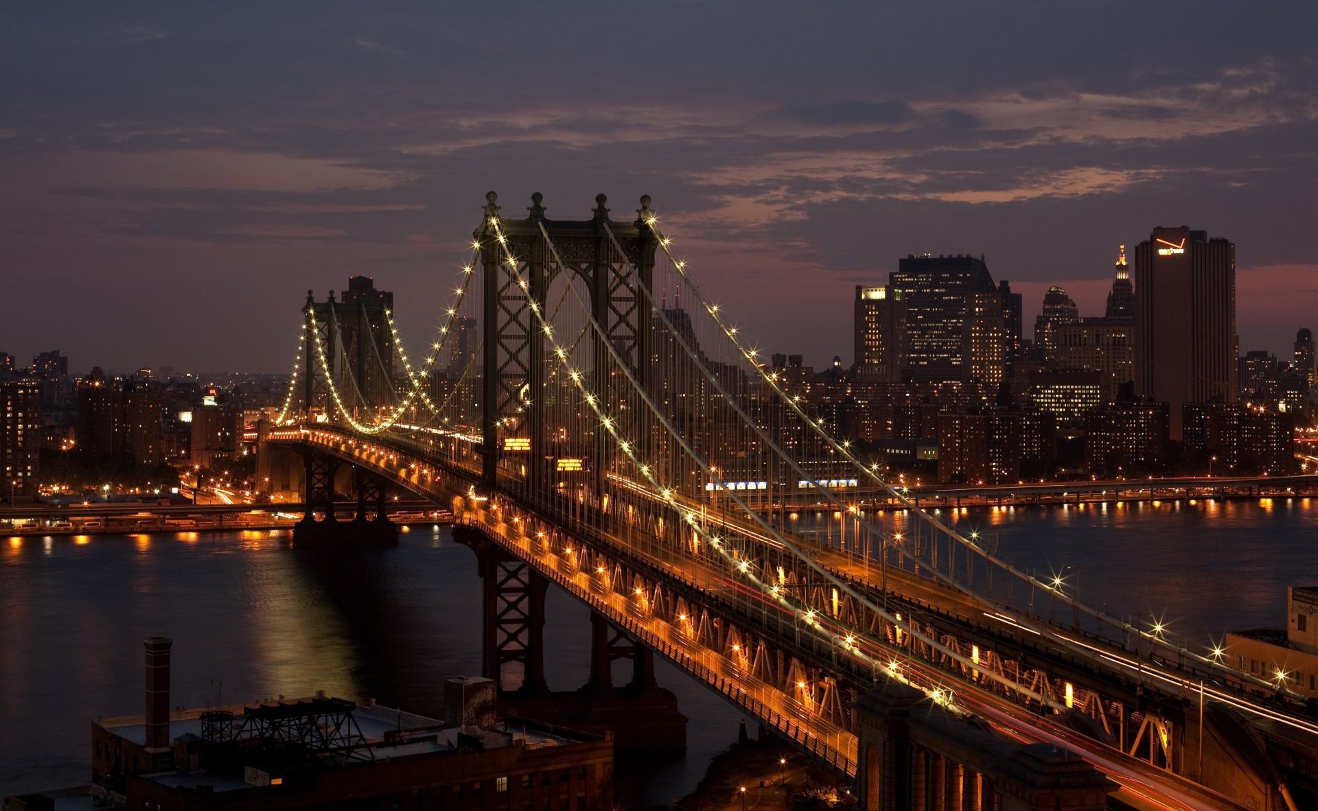 bridges bridge water river travel city architecture evening dusk suspension bridge sunset traffic sky urban connection downtown transportation system skyline cityscape building