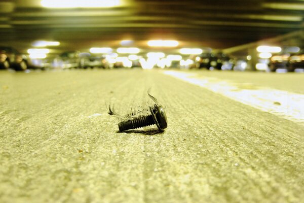 An interesting shot of a bolt on asphalt