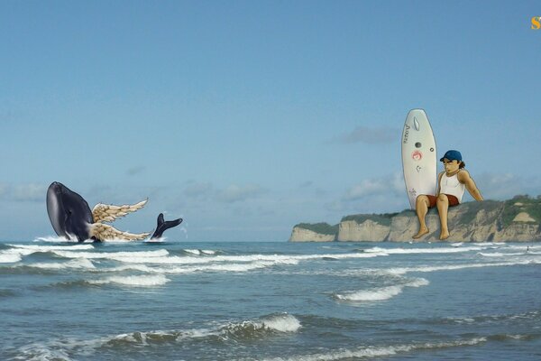 Morze i fale, skały i surfer