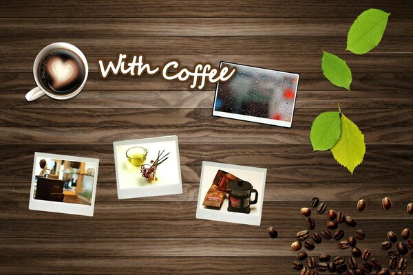 A cup of coffee. Coffee beans. Wooden board and green leaves. Photo