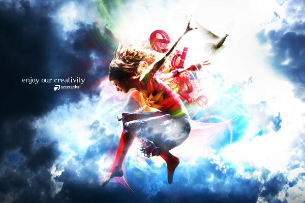 Creatividad y chica, cielo y abstracción