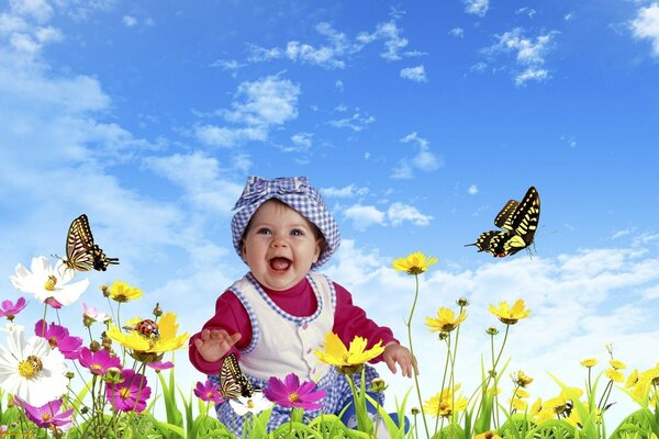 Baby mit Schmetterlingen und Blumen. Photoshop