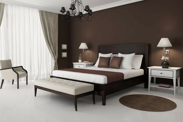 Chambre dans un style sobre couleur chocolat