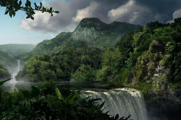 Landschaft mit einem schönen Wasserfall auf dem Hintergrund des grünen Waldes