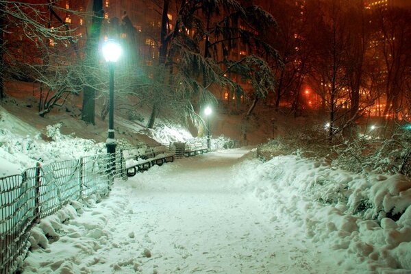 Cold winter. The light of lanterns in the night city