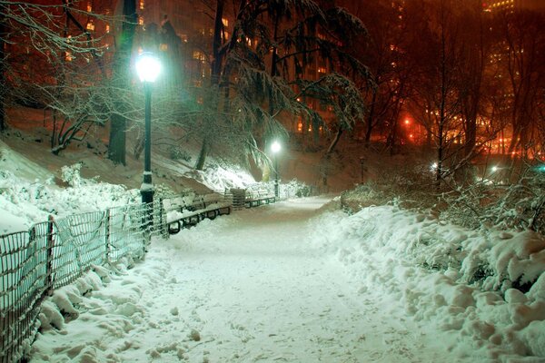 Холодна зима. Світло ліхтарів в нічному місті