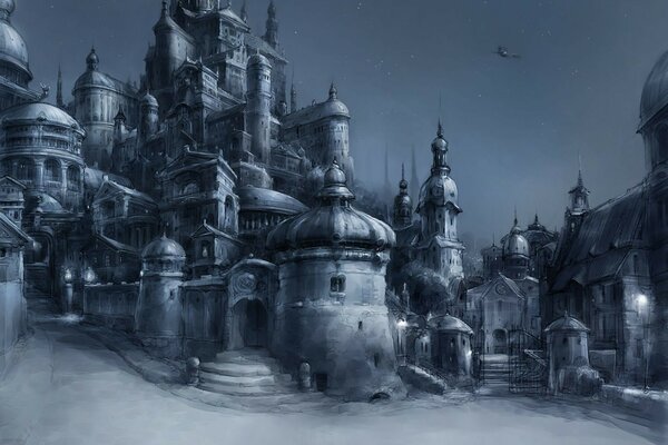 Fantasy. Intricate roof tops. The peaks of the roofs pierce the gray sky