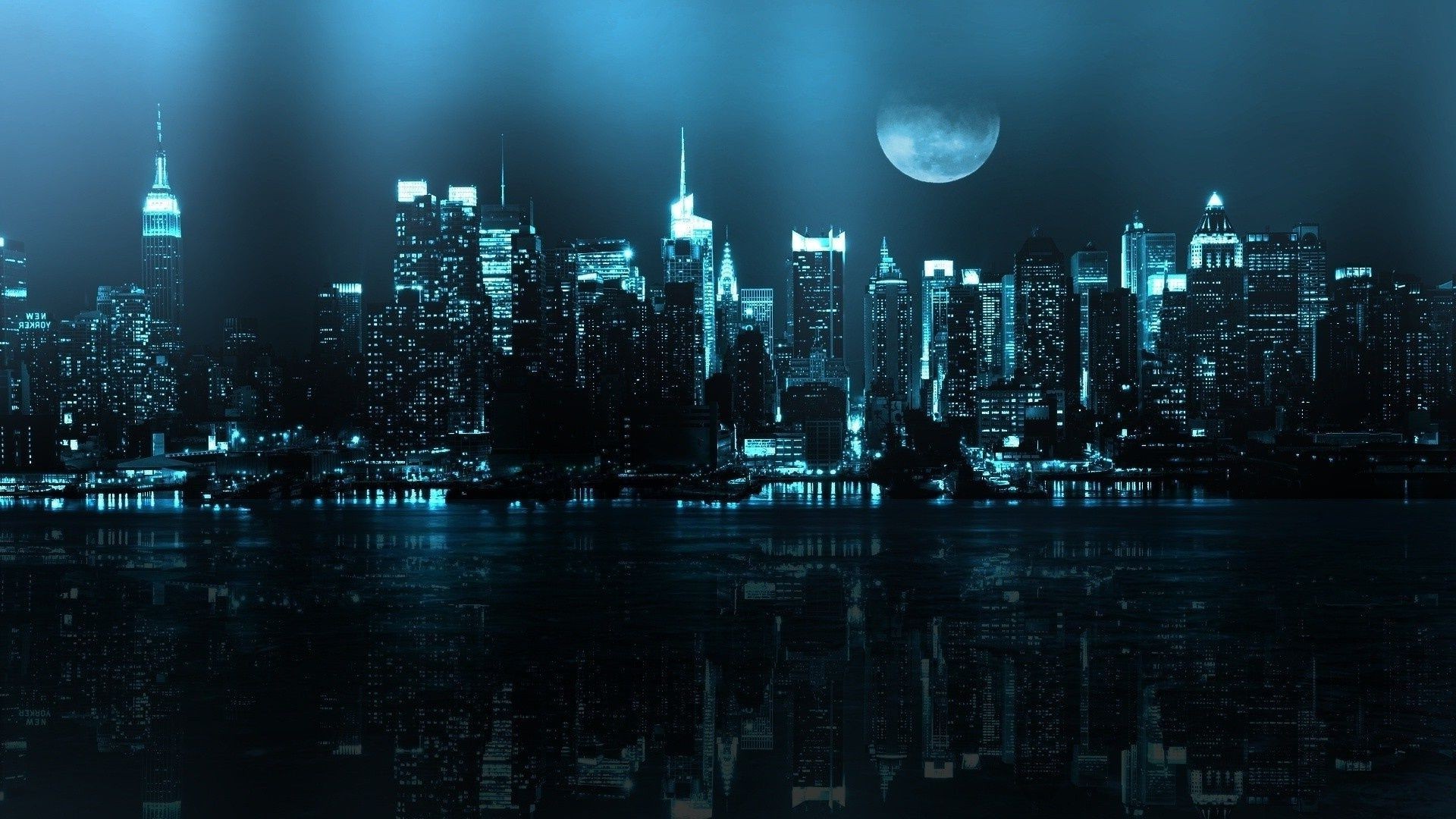 город, ночь, луна, небоскребы без смс