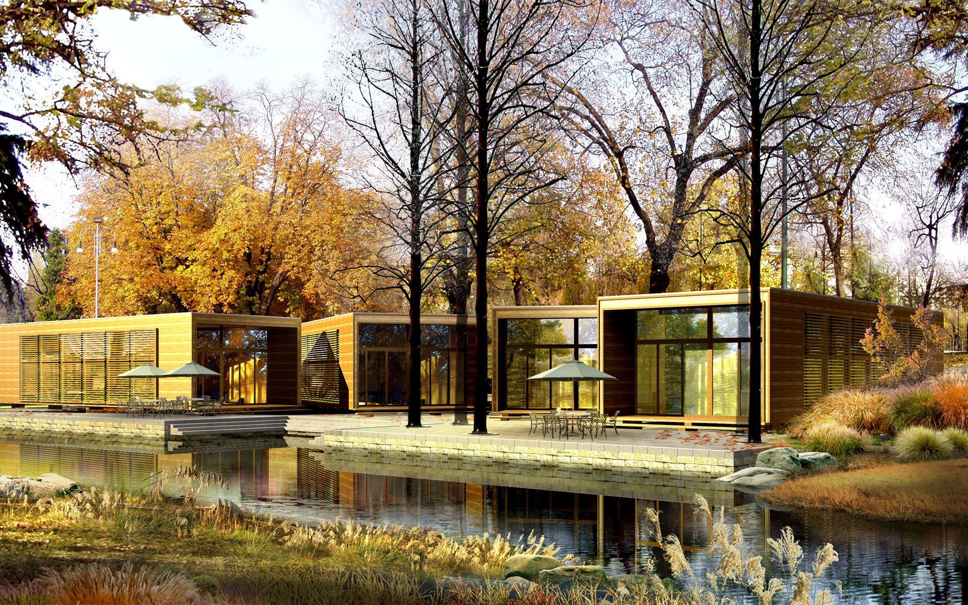 landschaft baum herbst holz haus im freien park wasser architektur natur blatt haus familie bank