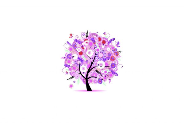 A tree with flowers has a pink white red tone and a slightly purple pattern