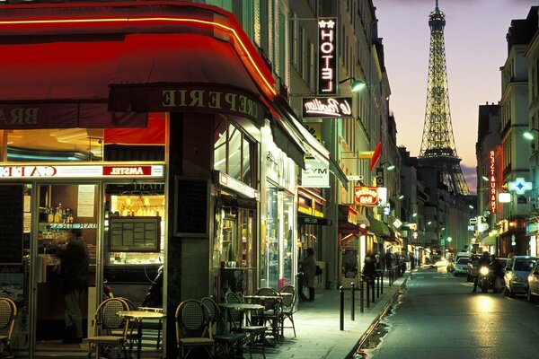 Evening street cafe bar cars tower TV tower