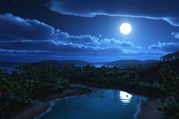 Collines de la lune et des palmiers. Beau paysage de nuit