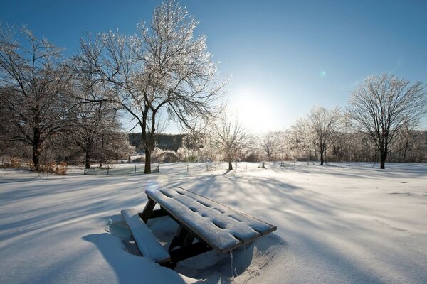 Winter. Landschaft. Gefrorene Bank