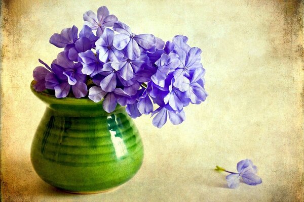 Green glaze pot with blue flowers on beige background