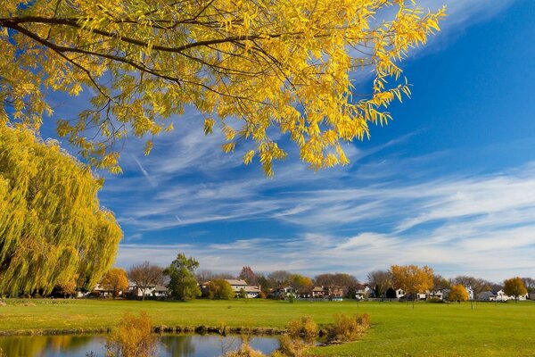 Weide Teich Häuser Himmel Herbst Bäume Dorf Wiese Peiza