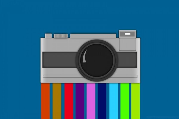 A painted camera with multicolored lines