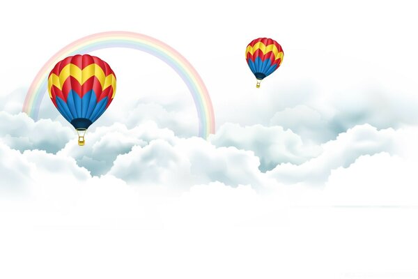 Ballons fliegen in Wolken mit Regenbogen