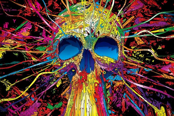 The skull explodes with rainbow colors