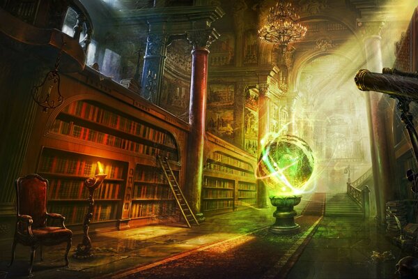 The temple of knowledge. Magic library with a glowing ball