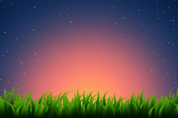 Dibujo gráfico de la hierba en el fondo de la puesta de sol
