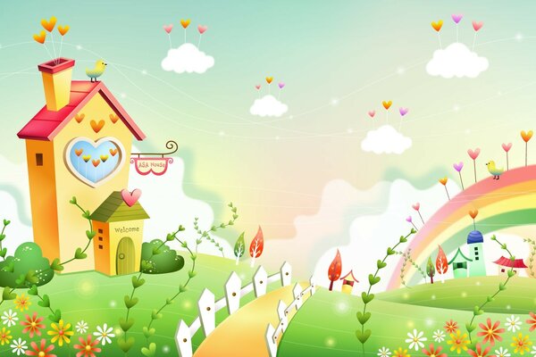 Cartoon bright houses and a clearing