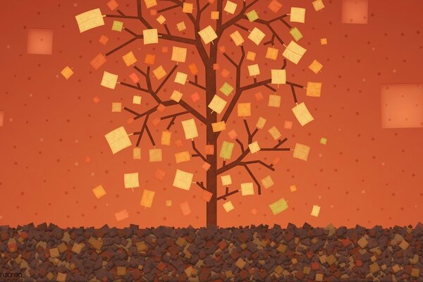 Graphic autumn tree. Square leaves