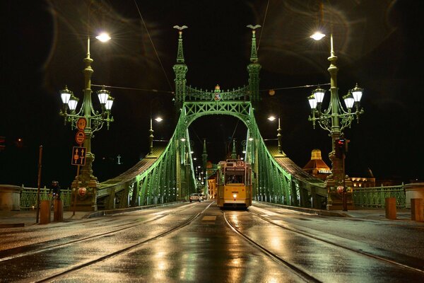 Ночной мост при свете фонарей
