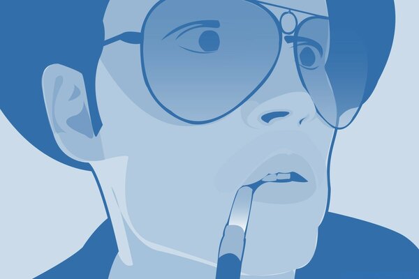 Illustration comic a young man with a cigarette in blue tones