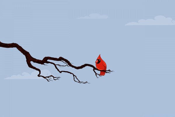 A lonely red bird is sitting on a branch